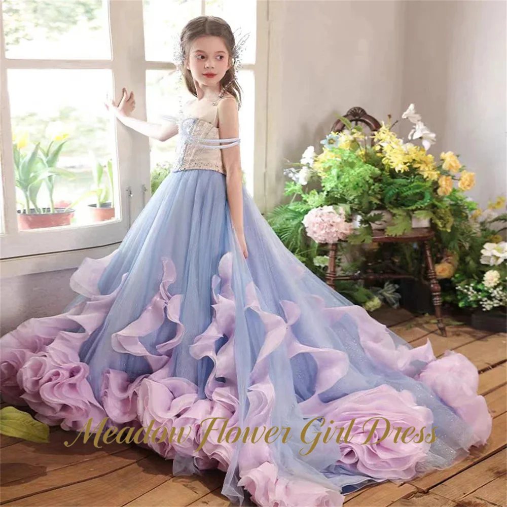 Meadow Blue and Pink Flower Girl Gown Off the Shoulder Short Sleeve Kids Birthday Party Gown Floor Length Princess Girls Gown