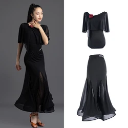 Womens Ballroom Dance Dress Adults Black Mesh Long Skirt Set Waltz Prom Competition Training Wear Dance Practice Dress XH1290