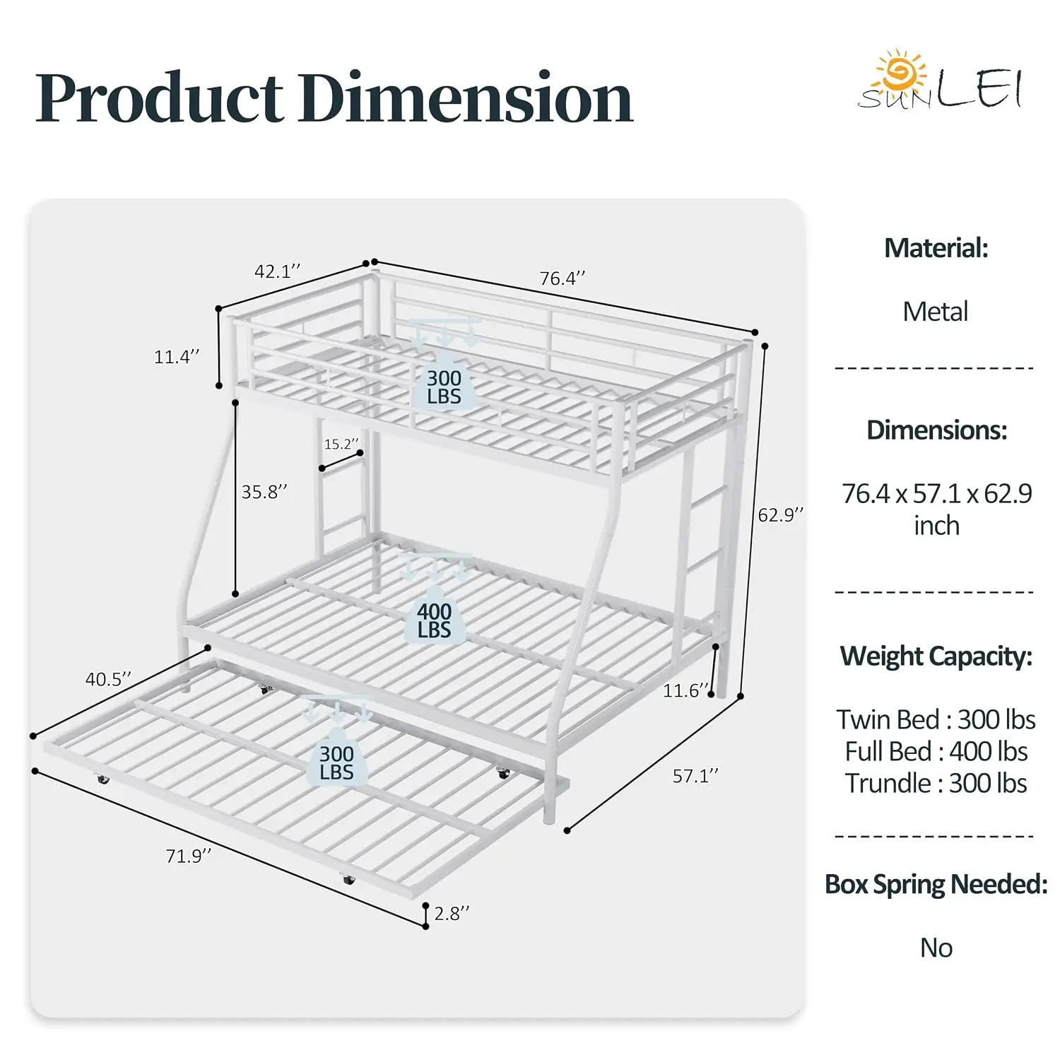 Metal Loft Bed With 2 Secured Ladders, Bunk Bed Twin Over Full With Trundle, Trundle Beds Twin Safety Guard, For, Customized