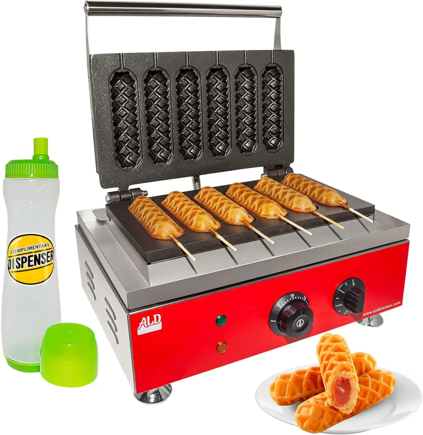 Waffle Dog Maker  Corn Dog Maker with Red Panel for Business  Stainless Steel Waffles on a Stick  110V (6 Waffles)