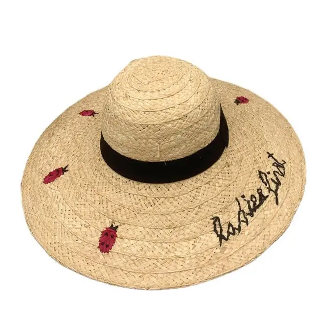 2024 Cross border fashion hand embroidered raffia sun shading big straw hat wide brim folding sun hat beautiful nice women hats