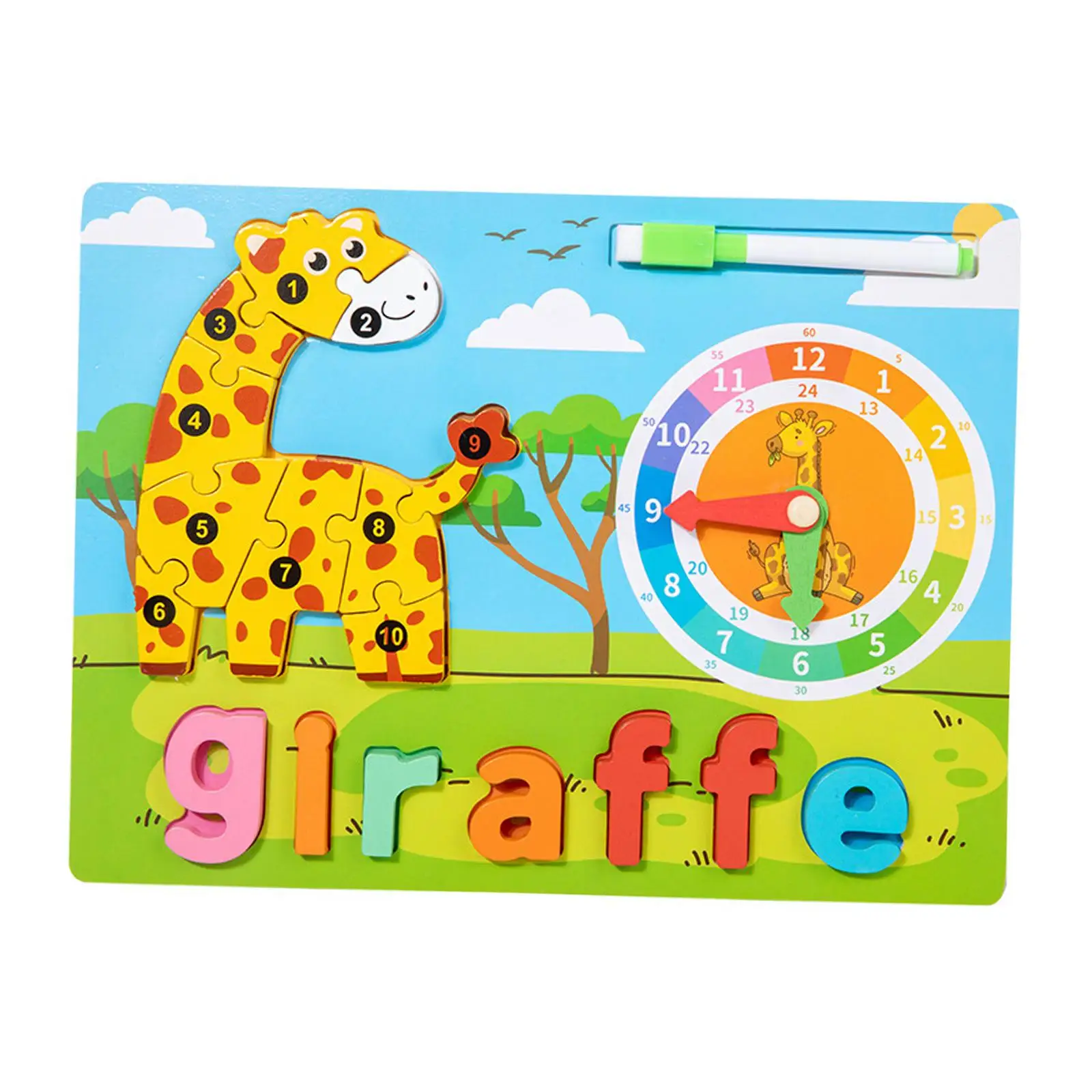 Wooden Animal Puzzle, Alphabet Animal Puzzle with Clock Toy, Early Learning, Montessori Toy, Wooden Jigsaw Puzzle for Kids