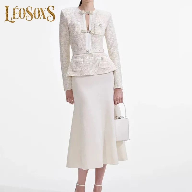 LEOSOXS gecoördineerde set voor dames: tweedjack met lange mouwen + midi-rok met strikversiering voor dagelijks gebruik en werk ziet er uit 2025