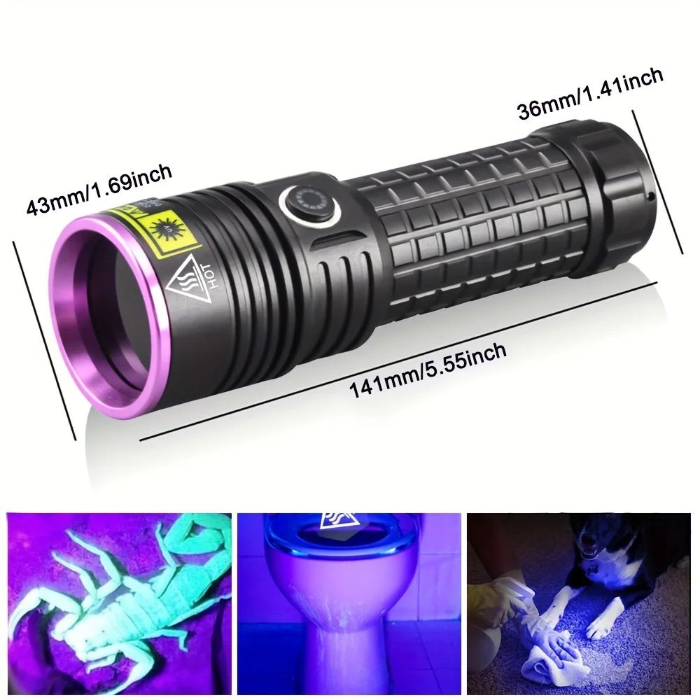 3LED 365nm UV Flashlight Blacklight High Power Rechargeable Curing Cat Dog Stain Marker Ore Money Scorpion Fluorescent Check Lam