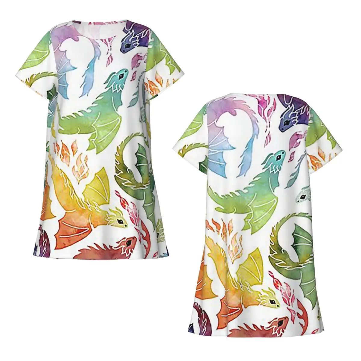 Custom Dragon Fire Rainbow Short Sleeves Nightdress For Sleeping Sleepshirts Women Short Sleeve Nightgowns Loose Pajama Dress
