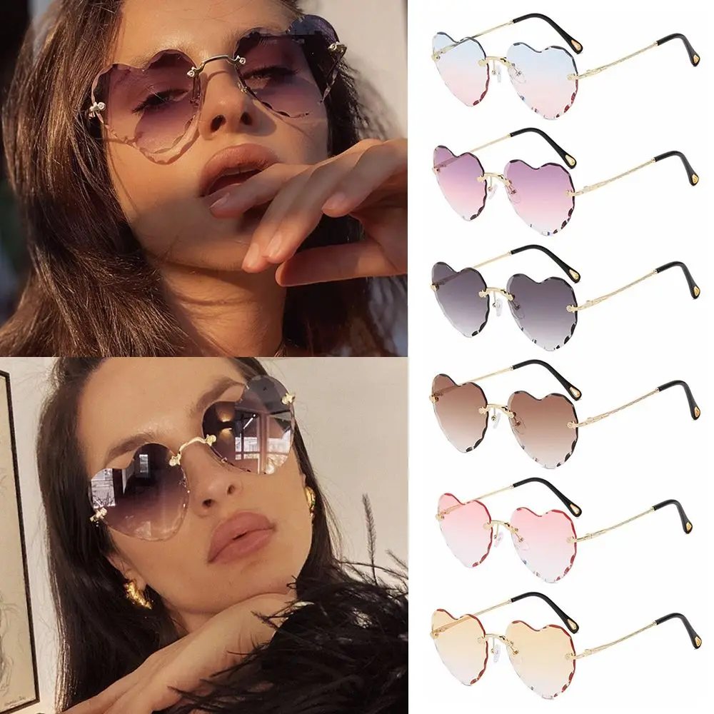 Heart Sunglasses Rimless Metal Frame Heart Shaped Sunglasses Gradient Lens Love Heart SunGlasses Women Eyewear UV400 Protection