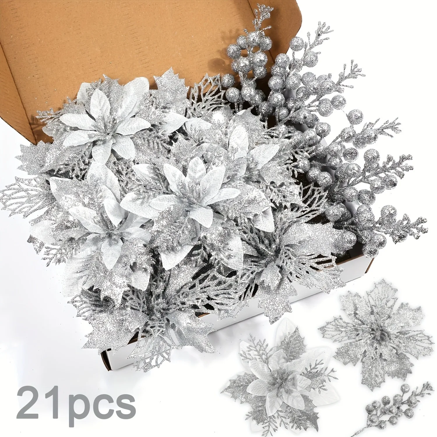 21 Stück künstliche Blumen, Beerenstrauß, Weihnachtsdekoration, Vase für Zuhause, Raumdekoration, künstliche Blumen, Girlande, Ornament-Zubehör – Detail 5
