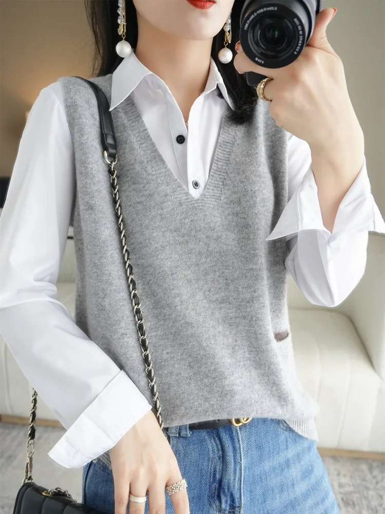 100% Wool Knit Cardigan for Spring and Autumn, New Women\'s V-Neck Camisole, Loose Thin Sweater Vest for Outerwear, 2023 Model