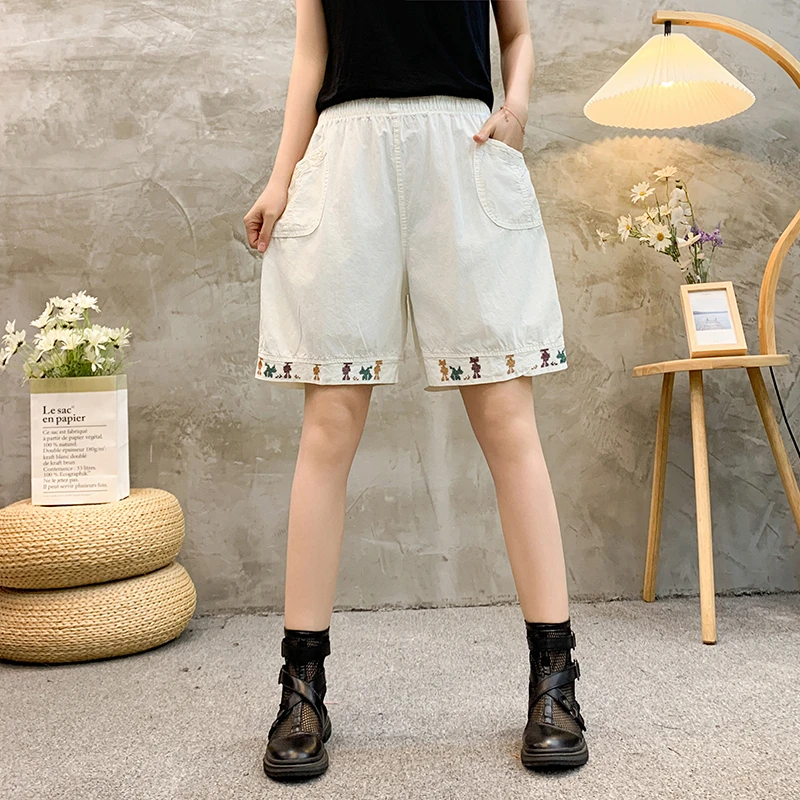 Plus size Commute Summer Thin Cotton Elastic Pants Women\'s Solid Spliced Pockets Epaulet Loose Straight Casual High Waist Shorts