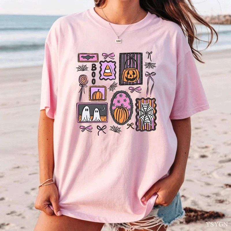 Vintage Halloween Stamp Collage Graphic Shirt Women Ghost Pumpkin Black Cat Bat Print Short Sleeve Spooky Season Fall Casual Top