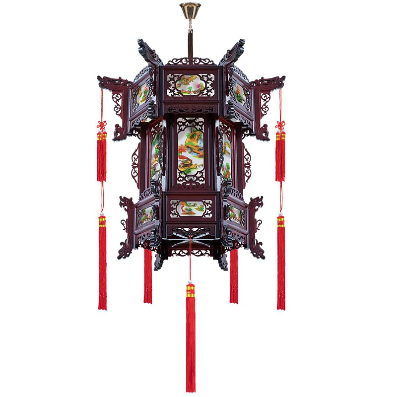 Complete Collection of Antique Chinese Solid Wood Lanterns with Hexagonal Ancient Chinese Style Balcony Gate, New Wedding Palace