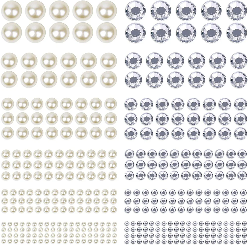 991pcs Mixed Size Self Adhesive White Imitation Pearl Rhinestones Stickers Face Nail Arts Decor 3D Diamond Children DIY Toys