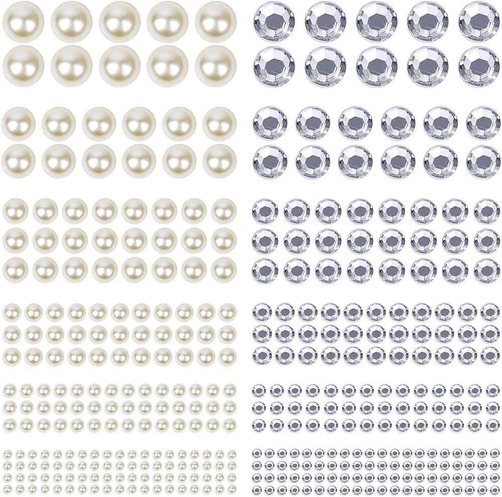 혼합 크기 자가 접착 화이트 모조 진주 라인석 스티커, 얼굴 네일 아트 장식, 3D 다이아몬드, 어린이 DIY 장난감, 991 개