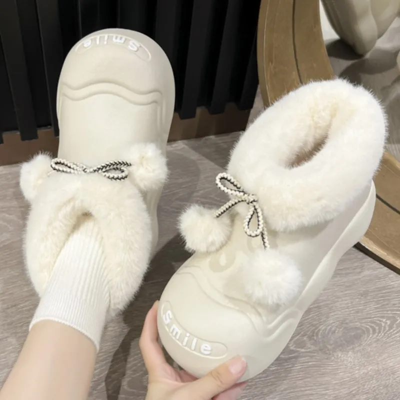 Winter Furry Slippers Women Faux Fur Pom Ankle Boots Outdoor Waterproof Warm Cotton Shoes Round Head Cute Plush Slides Snow Boot