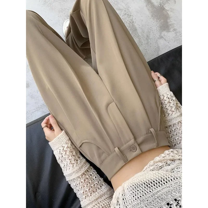 الكاكي اللون المرأة مستقيم الساق دعوى السراويل عالية الخصر ثنى نمط ربيع الخريف جديد وصول التخسيس واسعة الساق السراويل #1