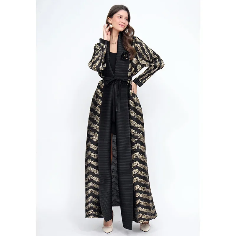 KAF Pleated Women Large Size Abaya Lapel Long-sleeved Hot Gold Stamping Design Loose Large Size Fashion Luxury Female Abaya