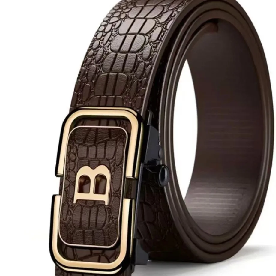 เข็มขัดผู้ชายแบบ B หัวเข็มขัดอัตโนมัติแบบไม่มีฟัน วัสดุ PU สไตล์เรียบง่ายสำหรับธุรกิจ