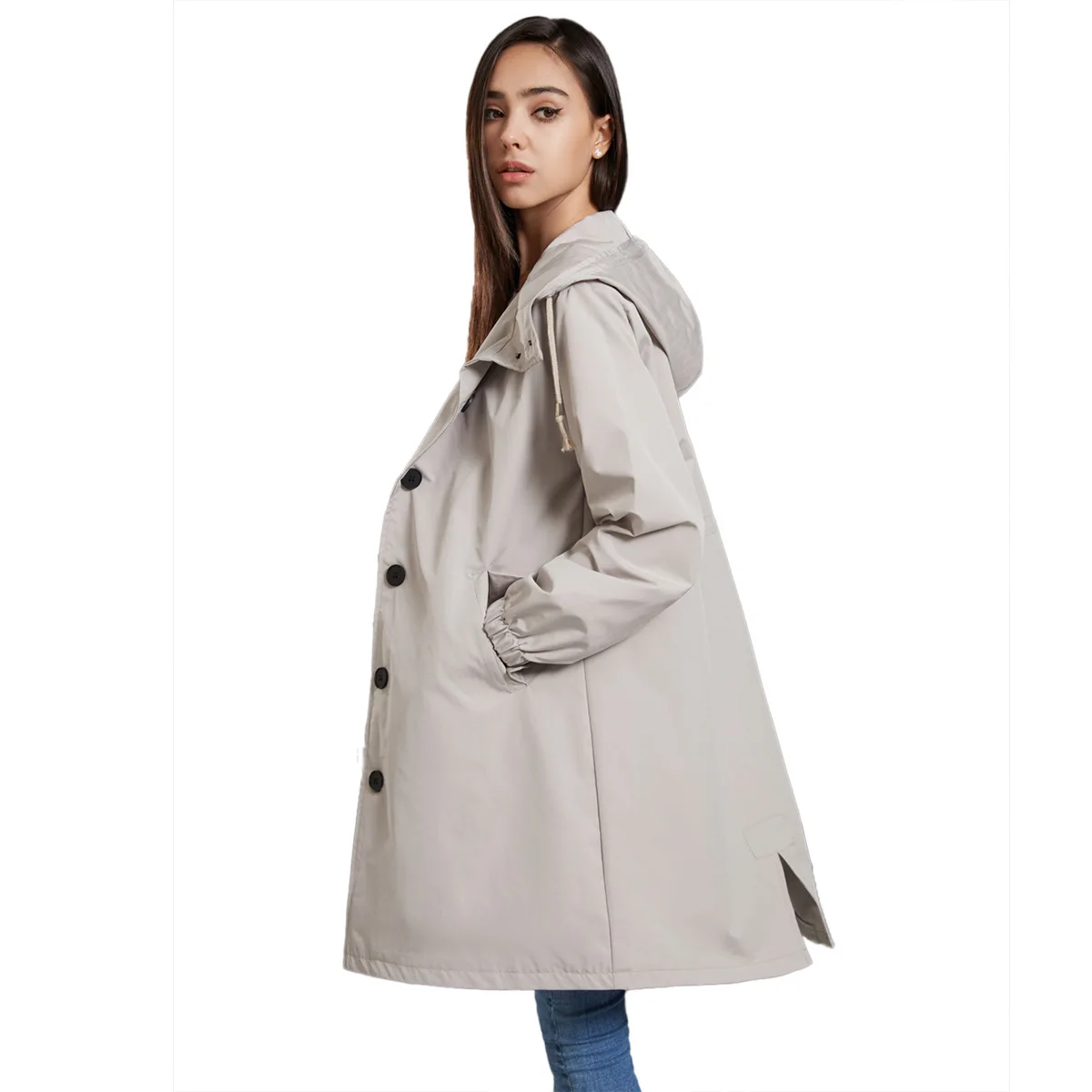 

Spring and Autumn Hooded Windbreaker Women's Casual Long Coat Women's Loose Large Size Outdoor