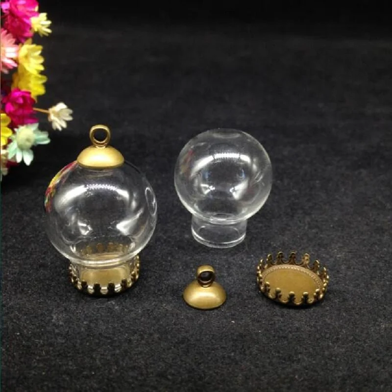 300sets/lot 20*15mm clear glass vial pendant with crown base 8mm cap glass cover dome necklace ing bottle jars diy cute gift