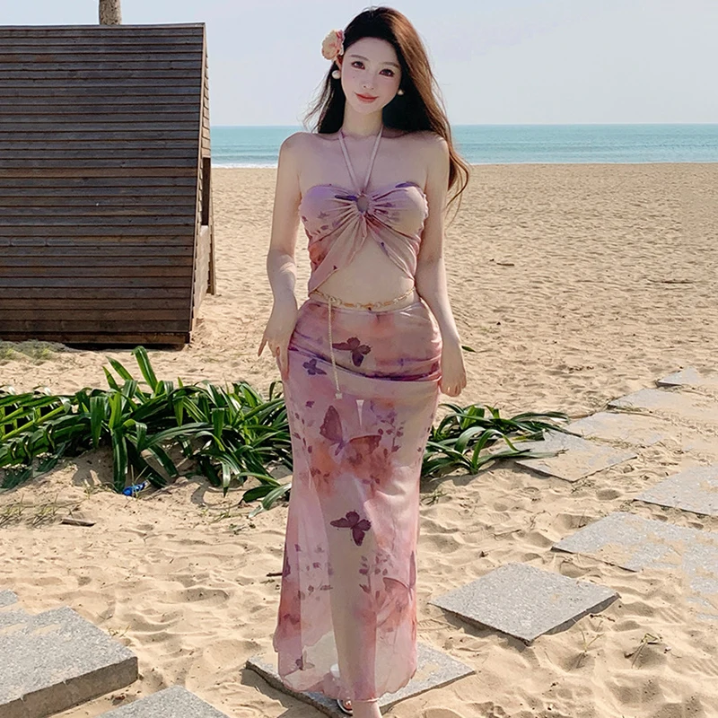 Sexy Pleated Seaside Holiday Strap Dresses For Women Printing Large Swing Long Dresses Summer Backless Casual Sundress Vestidos