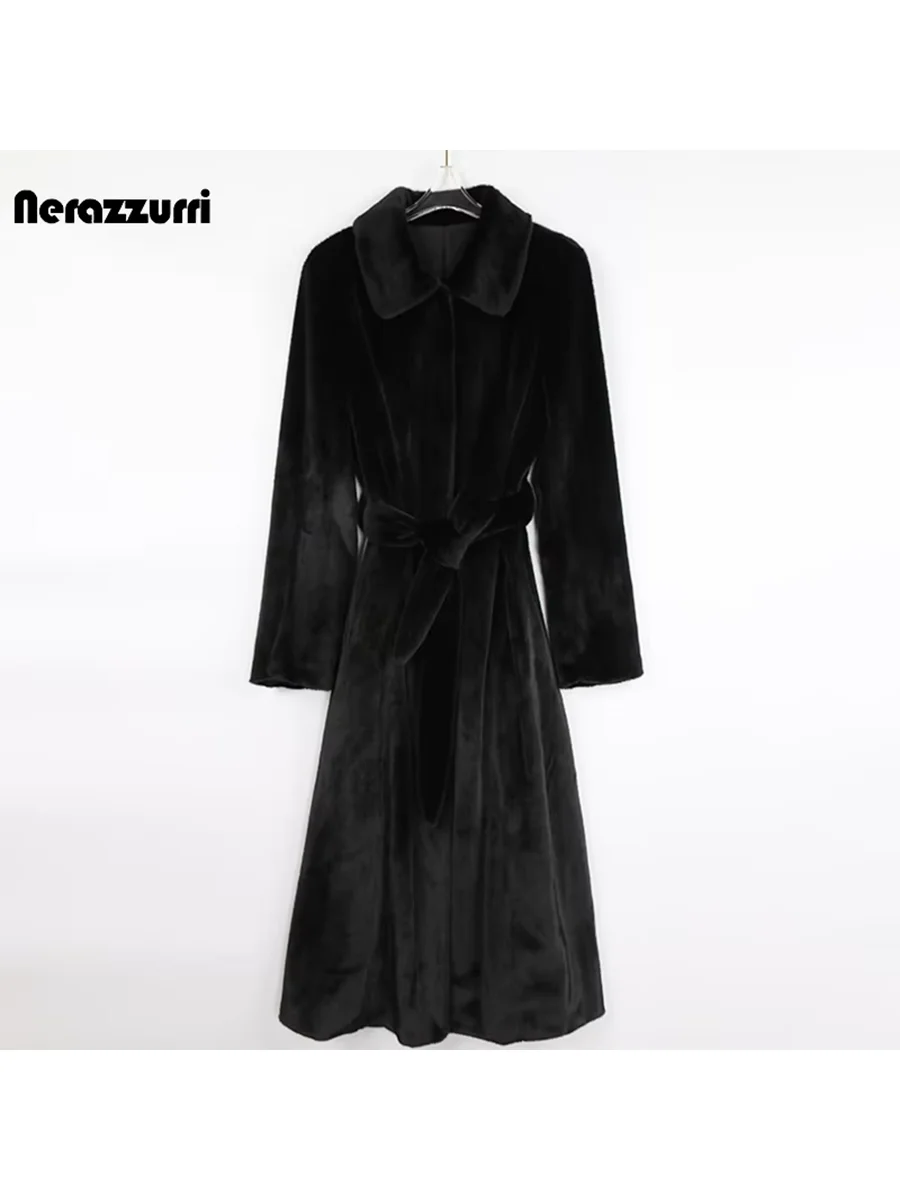 Nerazzurri осень-зима длинное приталенное мягкое черное пушистое шуба из искусственного меха женское с отложным воротником элегантное роскошное шикарное меховое пальто 2025