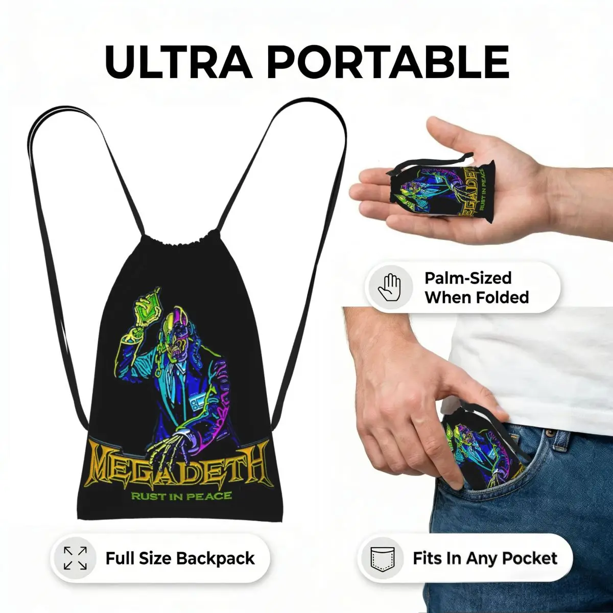Megadeth Rock Band Dave Mustaine Drawstring Backpack Sports Gym Bag Portable Travel Drawstring Bag for Men Women