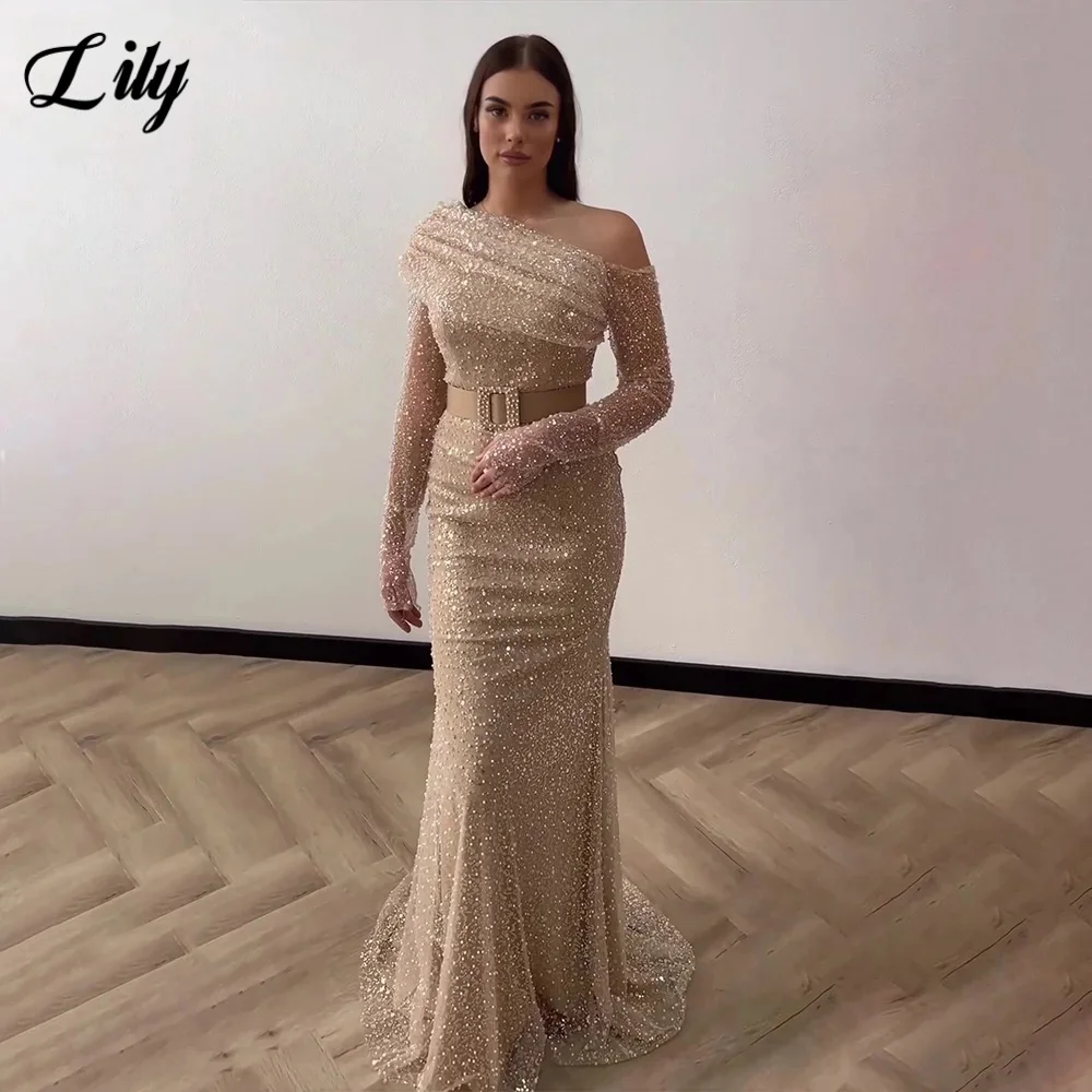 

Lily Champagne Elegant Prom Dresses Glitter Sequines Mermaid Evening Dresses Long Sleeve Formal Gown Saudi with belt Customized