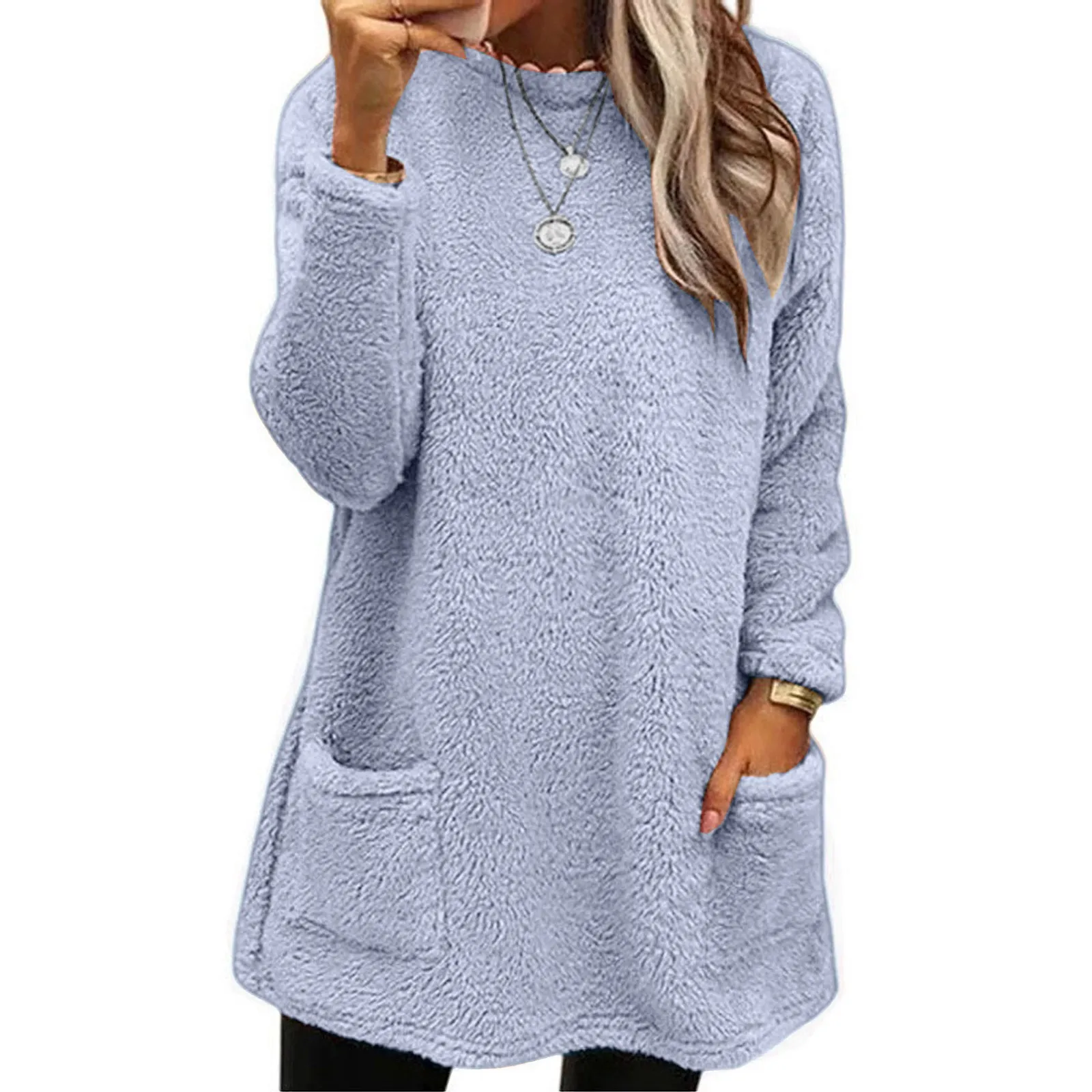 Womens Winter Coat Loose Wool Jacket Long Sleeved Jumper With Pockets Light Sweatshirt