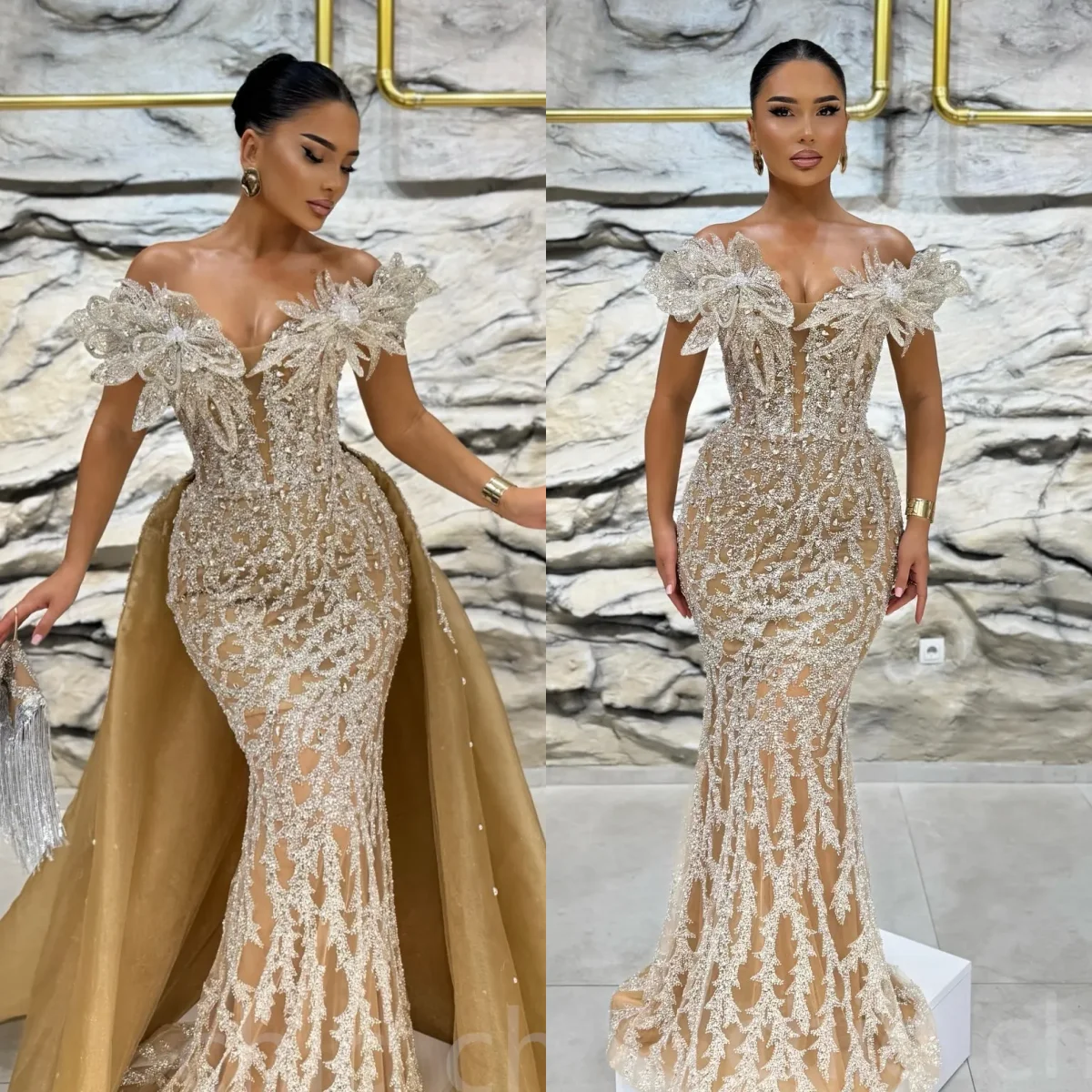 

Stunning Mermaid Evening Dresses Off Shoulder Detachable Train Prom Gowns Crystal Beadeds Formal Occasion Customized Dresses