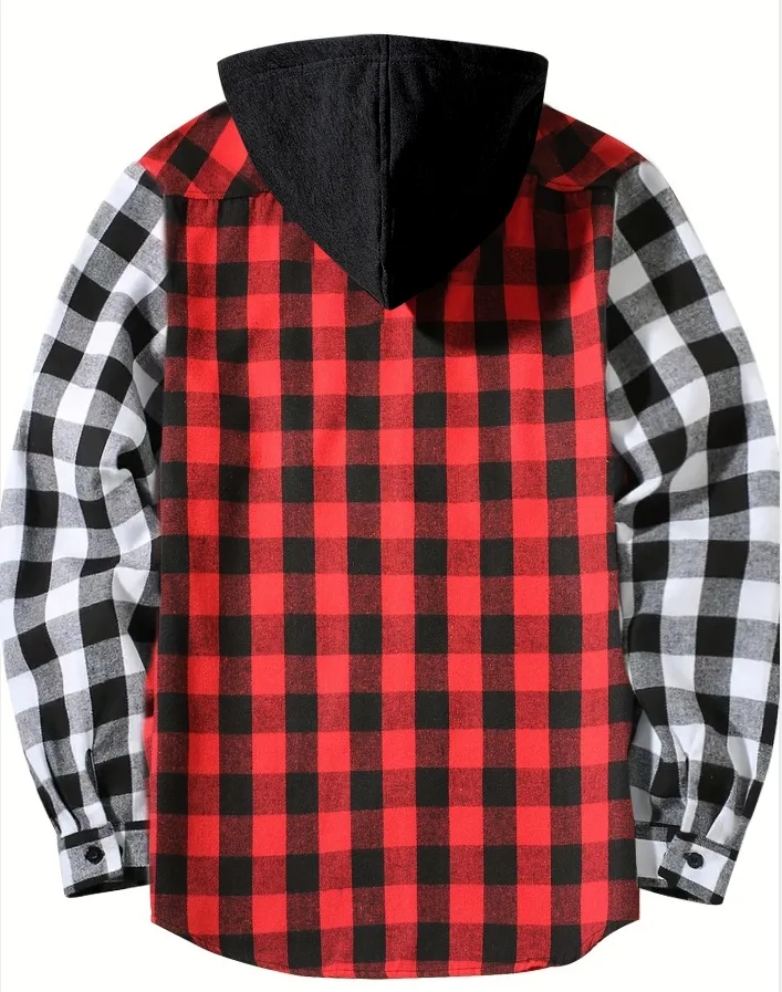 Spliced long-sleeved plaid hooded shirt for men Spring and autumn business casual all comfortable loose shirt