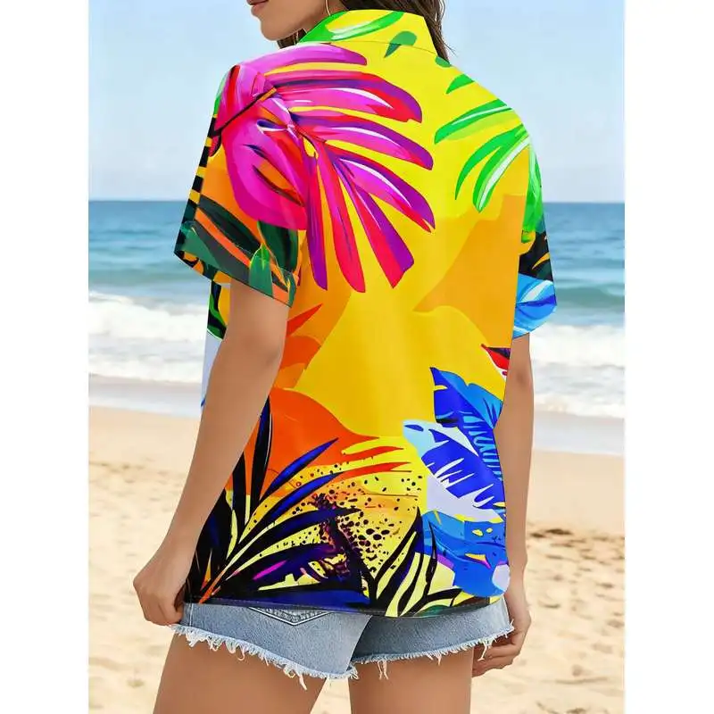 Women's Casual Short Sleeve Button-Up Shirt Vibrant Tropical Leaf Cluster Bright Yellow Base Fresh Energetic Pattern Machine Was