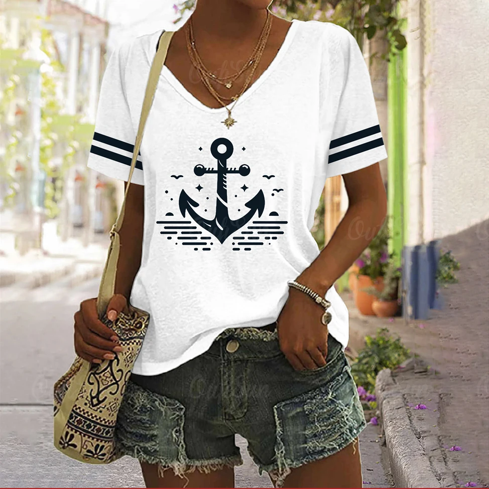 Summer Oversized T-Shirts Anchor Print Top For Women\'s Clothing V-Neck Female Fashion Plus Size 2024 New Style T-Shirt For Women