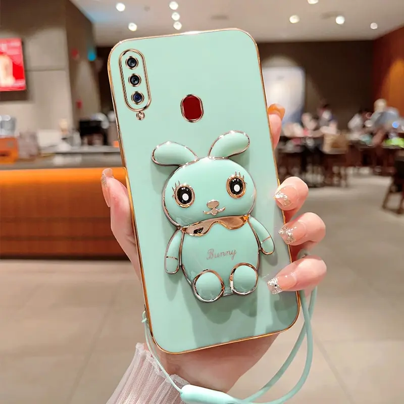 Phone Case For Samsung Galaxy A20S Luxury Plating Square Rabbit Holder With Landyard Phone Case Cover