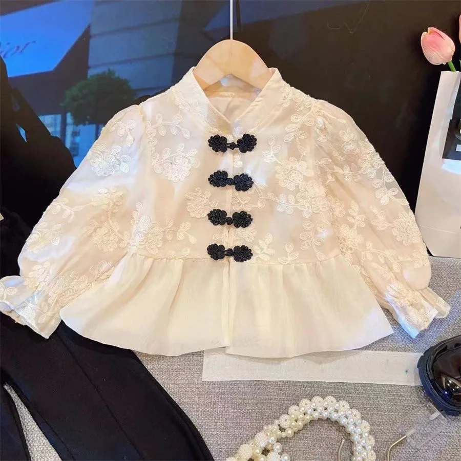 Girls Spring Autumn Clothing Set New Chinese Style Embroidered Frog Button Shirt Casual Pants 2-Piece Suit Kids Fashion
