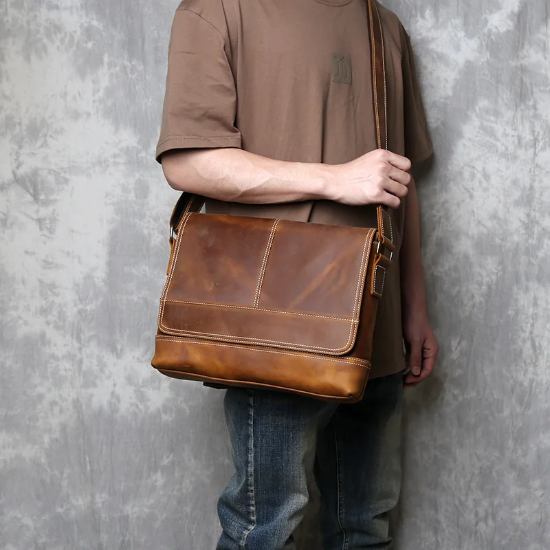 New Crazy Horse Leather Men's Bag Original Retro Shoulder Bag Horizontal A4 Postman Bag Handmade Leather Crossbody Bag.