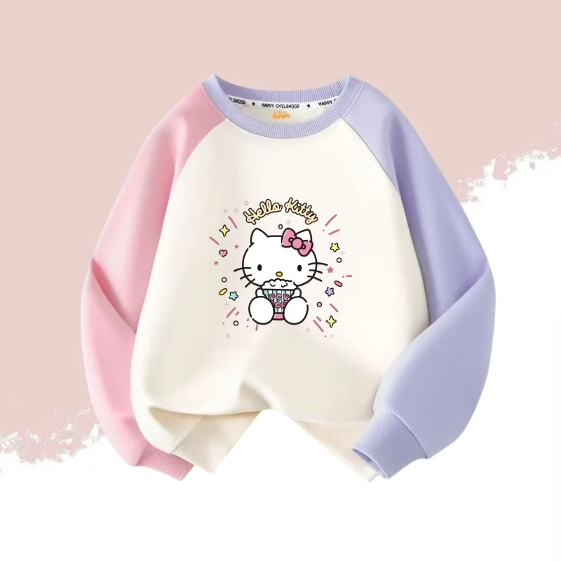 

Осенняя одежда для маленьких девочек, детский свитшот Sanrio Hello Kitty с мультяшным принтом, лоскутный свитшот с длинными рукавами и круглым вырезом, мягкий хлопковый пуловер, топ