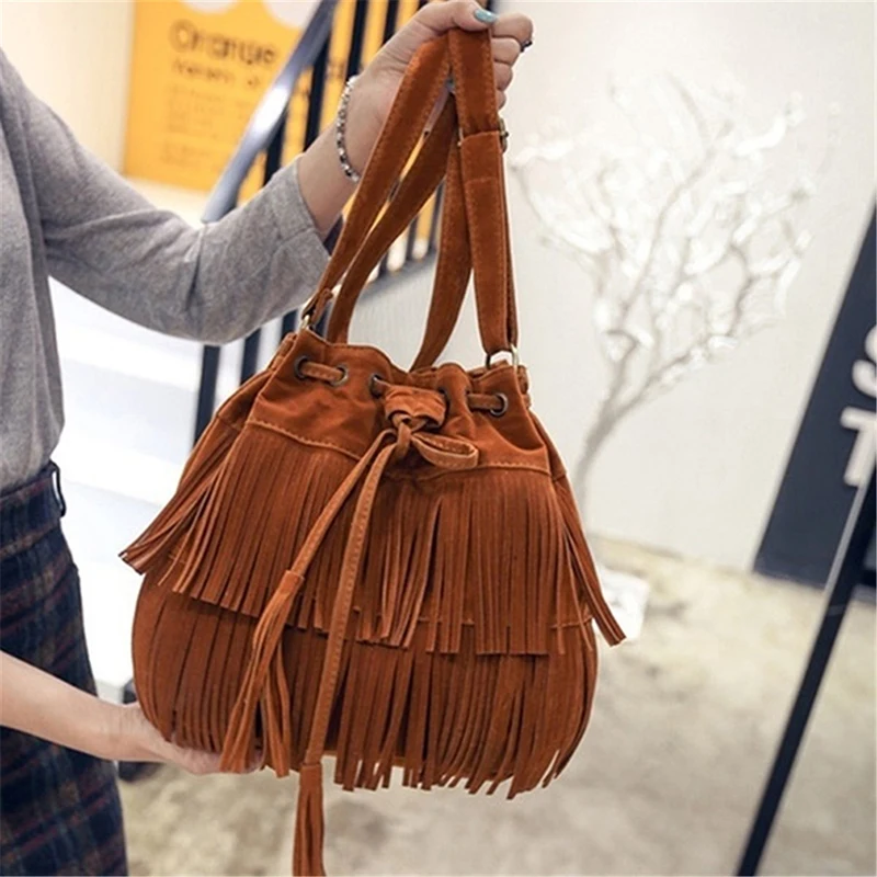 Mensageiro de franja de camurça retrô para mulheres, bolsas de ombro Tassel, sacola crossbody, novo, 2024