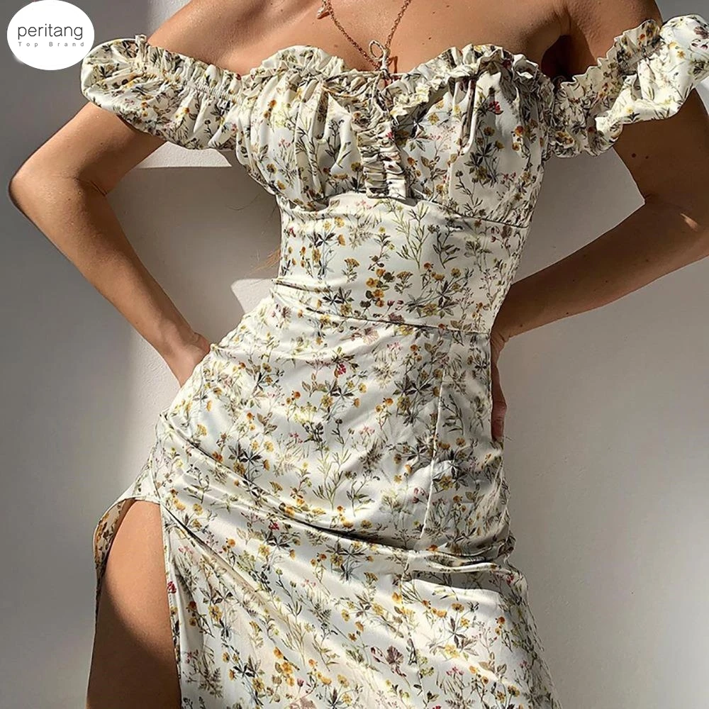 

PERITANG Summer Floral Off Shoulder Puff Sleeve Maxi Dress For Woman Robe Sexy Lace Up Side Split Chic Mid-Calf Aesthetic Dress