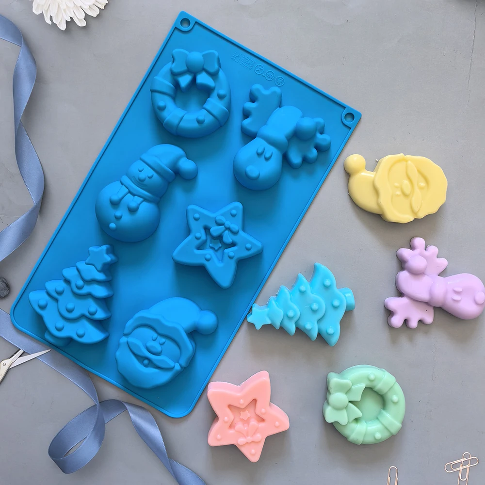 1pc Christmas, 6-cavity flower wreath, snowman, tree shaped silicone mold, used for baking mousse cake, French dessert mold