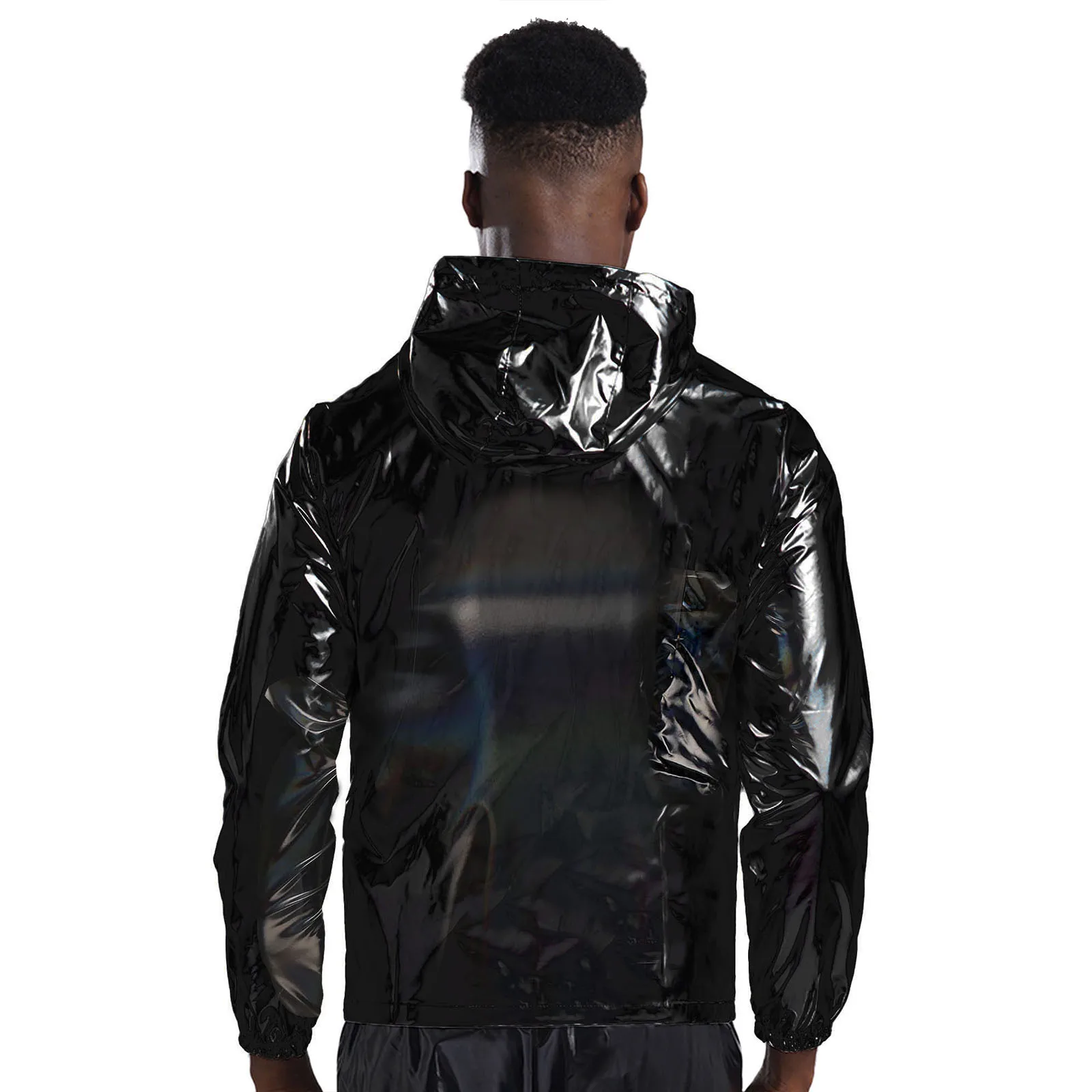 Mens Shiny Waterproof PVC Leather Jacket Tops Raincoat Hooded Long Sleeve Front Zipper Jacket Racer Style Jacket Coat Tops