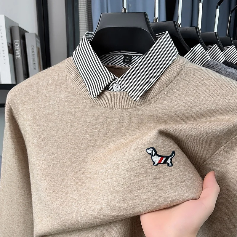 Herren O-Ausschnitt Strickpullover Herbst Winter Farbblock Zweiteiliger Look Hemdkragen Langarm-Oberteil Business Casual Herrenbekleidung – Detail 11