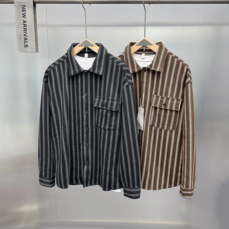 

Casual Striped Long Sve Collared irt Youth Faion Spring Autumn Men's Clothing Bird Poer Spring 2025 Loose Fit Regula...