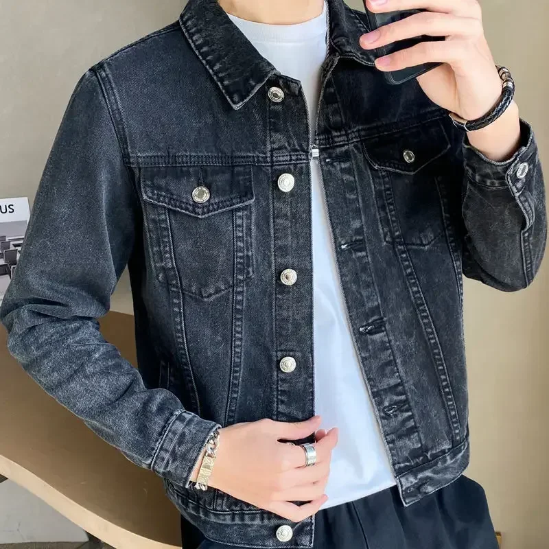 Male Jean Coats Autumn Button Men's Denim Jacket Black Winter Outerwear Menswear 2024 Original High Quality Low Cost Aesthetic G