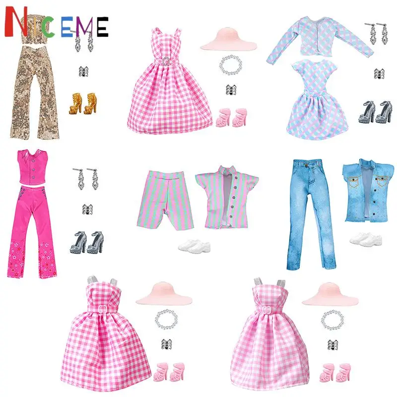 1set  30cm 11-inch Doll Clothes Checkered Dress Sequin Top Pants Striped Clothing Accessories Girls Toys Gift