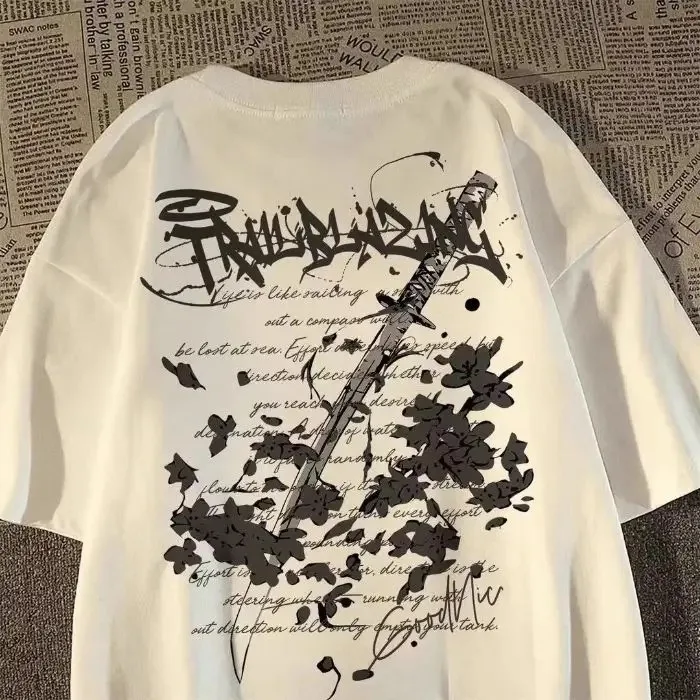 2026 American High Street Creative Design Sense Printed Short-sleeved T-shirt for Men Dark and Niche Summer Trend Brand