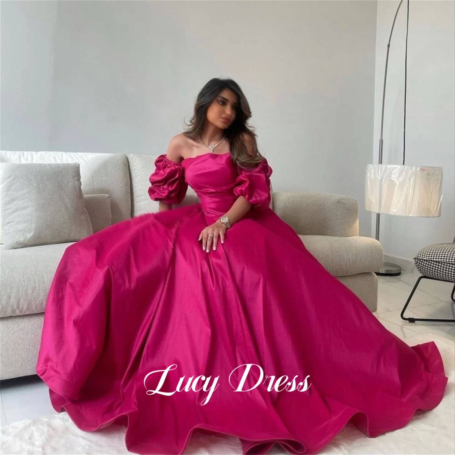 

Lucy Grace Evening Dress Line A Eid Al-fitr Satin Rose Red Long Wedding Party Dresses Women Saudi Gown Luxurious Women's Midi