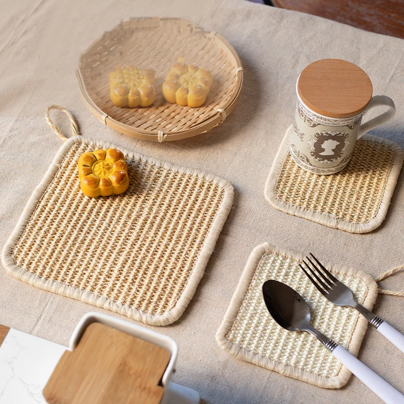 HeMu Natural Cotton Linen Woven Trivet Mat, Square Heat-resistant Coaster with Hanging Loop for Kitchen Dining ,Washable