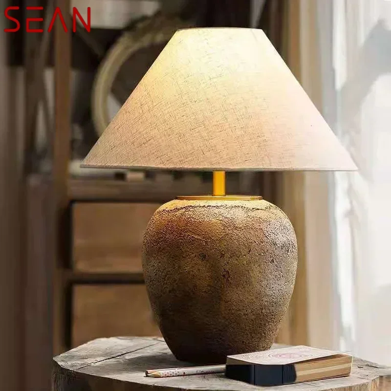 SEAN Chinese Table Lamps LED Creative Retro Ceramic Pot Desk Light for Home Living Room Hotel Club Ornament Decor