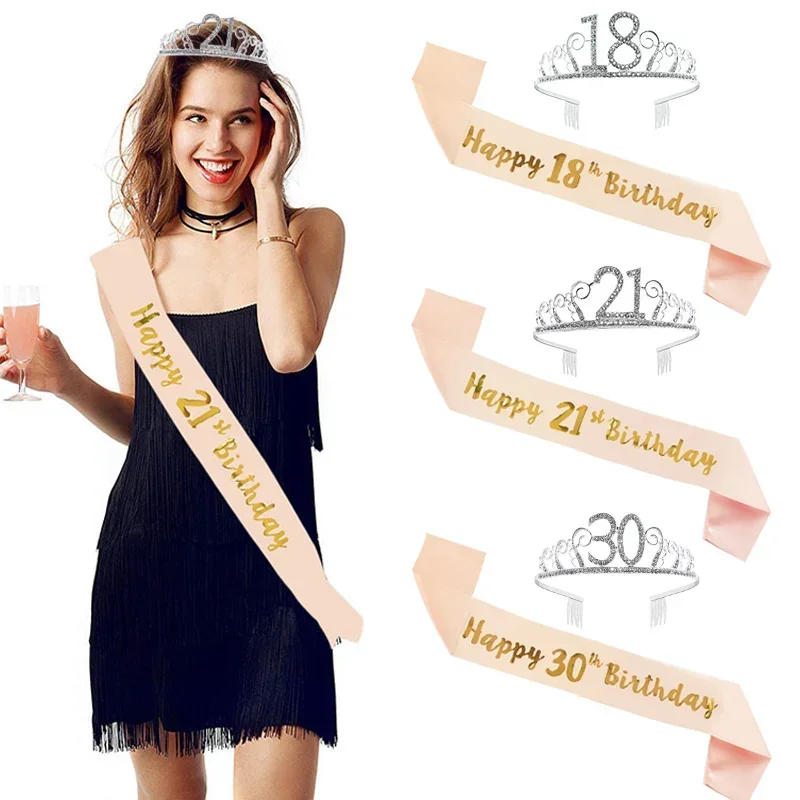 Birthday Party Decoration 5 6 7 80 Rose Gold Satin Sash Crystal Crown Tiara Happy Birthday Anniversary Party Supplies