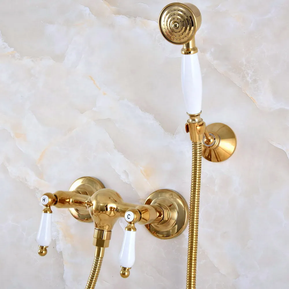

Modern Polished Gold Color Brass Wall Mount Bathtub Faucet with Handheld Shower Set +1.5M Hose Mixer Tap 2na985